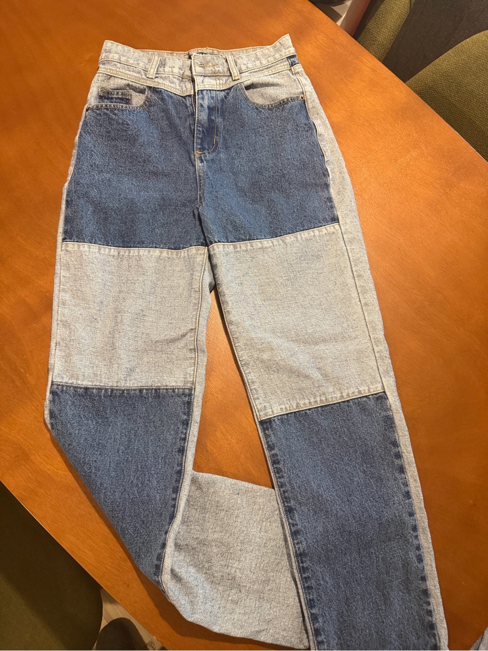 Nasty Gal Two-Tone Blue Patchwork Straight Leg Jeans